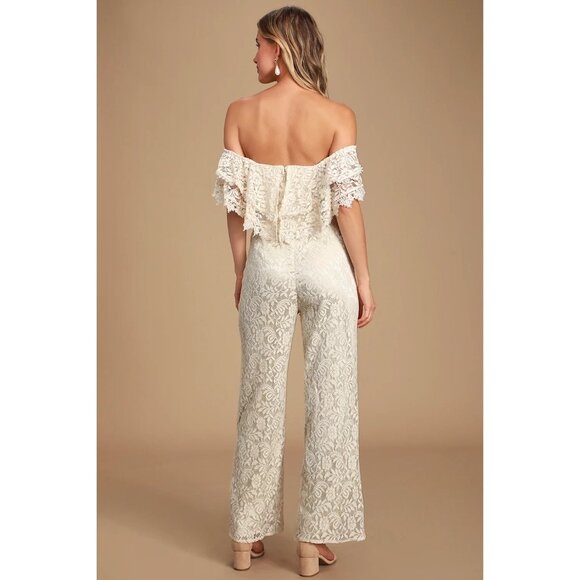 Lulus NWT waiting for forever cream Lace Off-The-Shoulder Jumpsuit Medium - Picture 3 of 8
